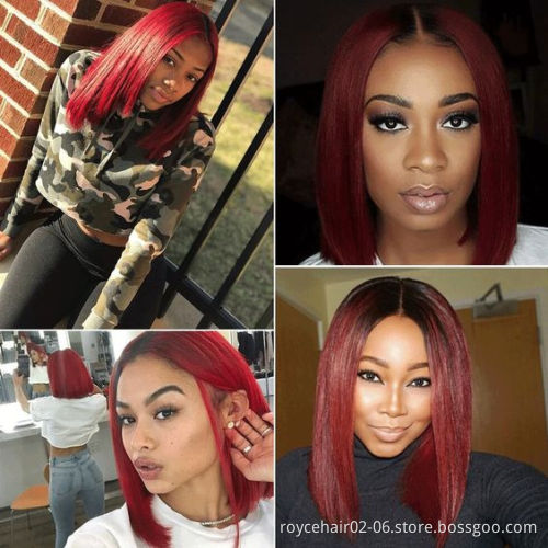 Wholesale Red Colored Human Hair Bob Cut Wig 100% Peruvian Human Hair 150% Density 99j T Part Lace Front Wig For Women